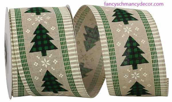 2.5" x 10 yds Buffalo Check Trees Ticking Linen Wired Edge Ribbon