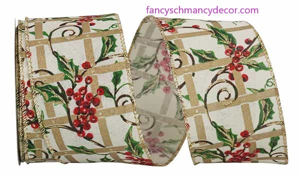 2.5" x 10 yds Holly Berry Vine Trellis Wired Edge Ribbon
