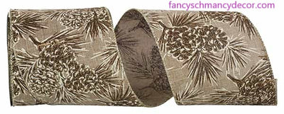 4" x 10 yds Pinecone Glitter Outlines Linen Wired Edge Ribbon