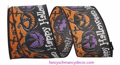 2.5" x 10 yds Spooky Halloween Jack-o-Lantern Wired Edge Ribbon