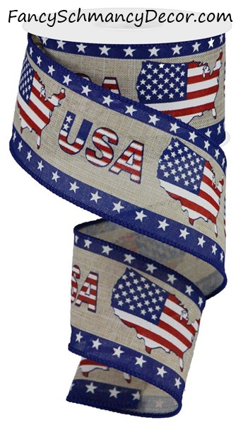 2.5"X10yd USA/USA Map W/Star Border Wired Ribbon