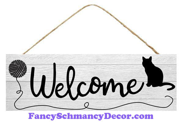 15" L X 5" H Welcome W/Cat/Yarn Sign