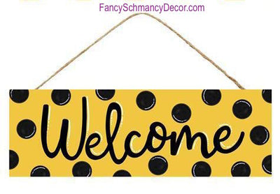 15" L  X  5" H Welcome Bumblebee Black Dots Sign