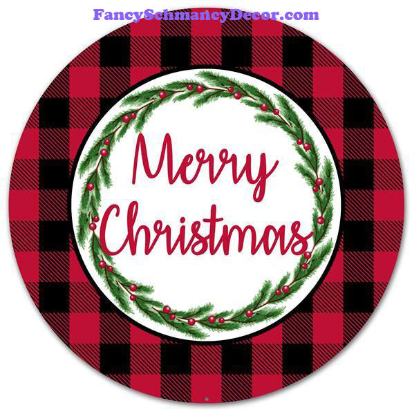 12" Dia Merry Christmas/Buffalo Plaid Sign