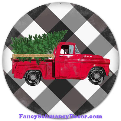 12" Dia Vintage Truck Bold Plaid Red White Grey White Sign