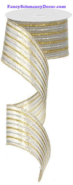 2.5" X 10 yd Metallic Silver Gold Stripe Wired Ribbon