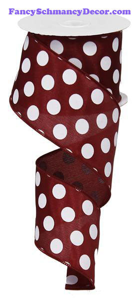 2.5" X 10 yd Medium Polka Dots Maroon White Wired Ribbon