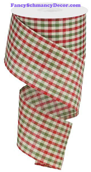 2.5" X 10 yd Primitive Red Moss Green Ivory Gingham Check