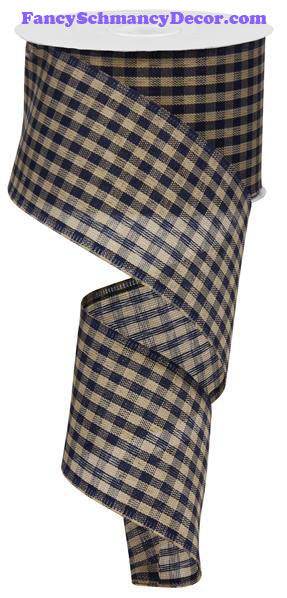2.5" X 10 yd Primitive Navy Blue Tan Gingham Check Ribbon
