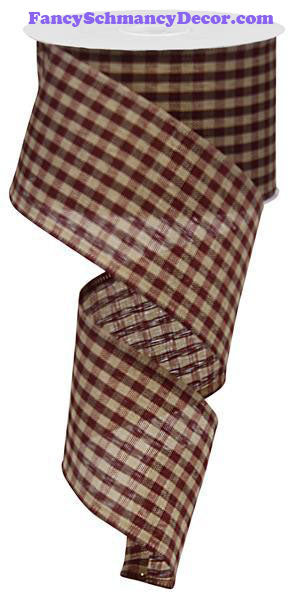 2.5" X 10 yd Primitive Gingham Burgundy Tan Check Ribbon