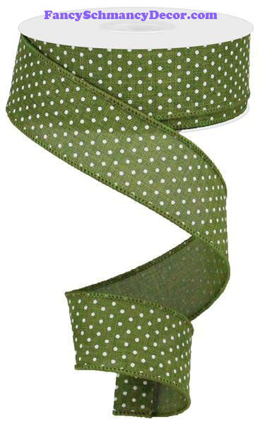 1.5" X 10 yd Moss Green White Raised Swiss Dots Wired Ribbon