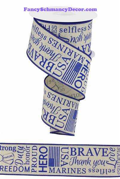 2.5" X 10 yd Marines On Royal Lt. Natural Blue Wired Ribbon