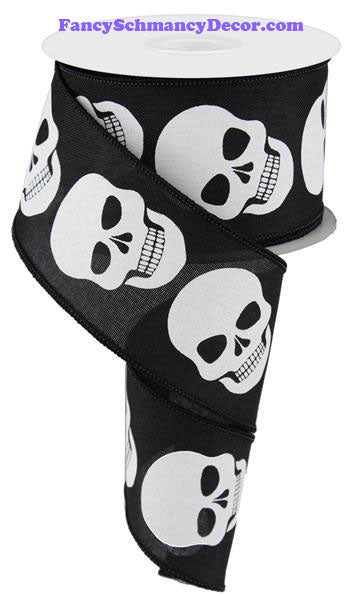 2.5" X 10 yd Black and White Skulls On Royal Wired Ribbon