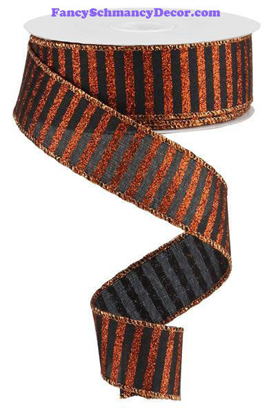 1.5" X 10 yd Black Glitter Stripe On Orange Royal Wired Ribbon