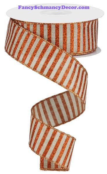1.5" X 10 yd Natural Bright Orange Glitter Stripe On Royal Wired Ribbon