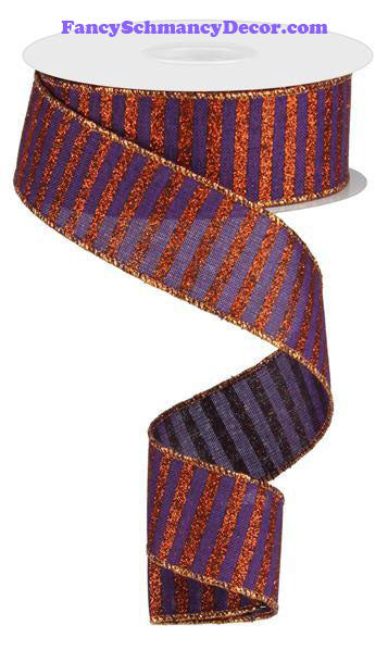 1.5" X 10 yd Purple Glitter Orange Stripe On Royal Wired Ribbon
