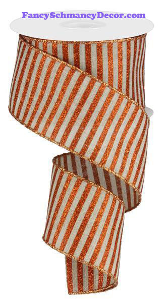 2.5" X 10 yd Glitter Stripe On Royal Natural Bright Orange Wired Ribbon