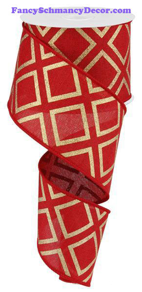 2.5" X 10 yd Metallic Squares On Royal Red Metallic Gold Wired Ribbon