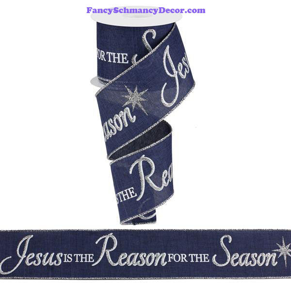 2.5" X 10 Yd Jesus Is The Reason On Royal Navy Blue Silver White Wired Ribbon