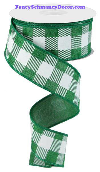 1.5" X 10 yd Striped Check On Royal Emerald Green White Wired Ribbon