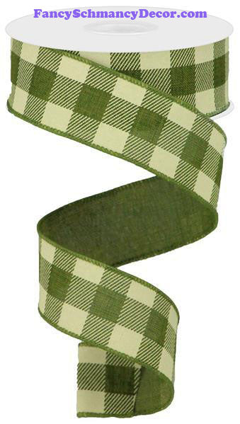 1.5" X 10 yd Striped Check On Royal Moss Green Ivory Wired Ribbon