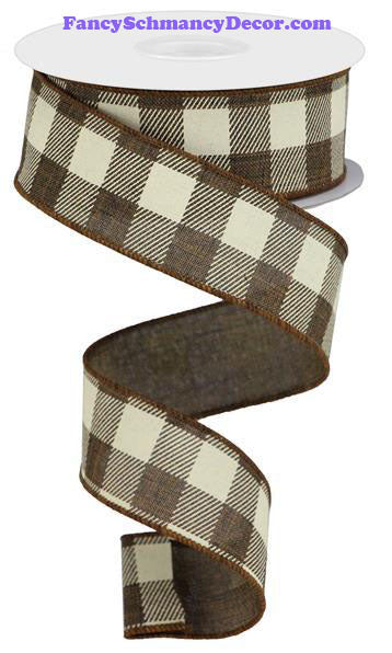 1.5" X 10 yd Striped Check On Royal Brown Ivory Wired Ribbon