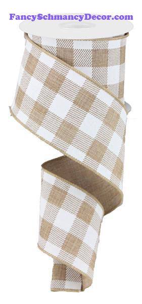 2.5" X 10 yd Light Tan White Plaid Check On Royal Ribbon