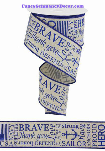 2.5" X 10 yd Navy Armed Forces On Royal Burlap Wired Ribbon