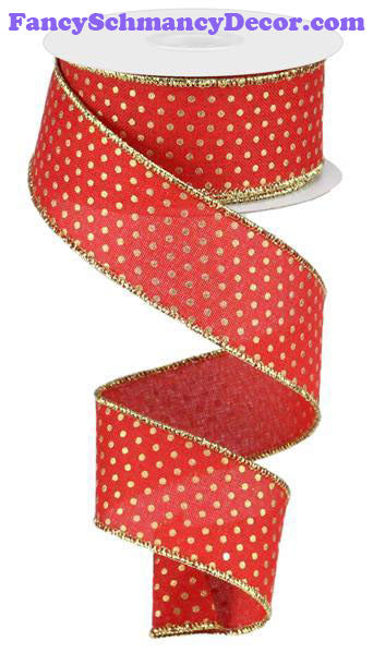 1.5" X 10 yd Red Gold Swiss Dots Wired Ribbon