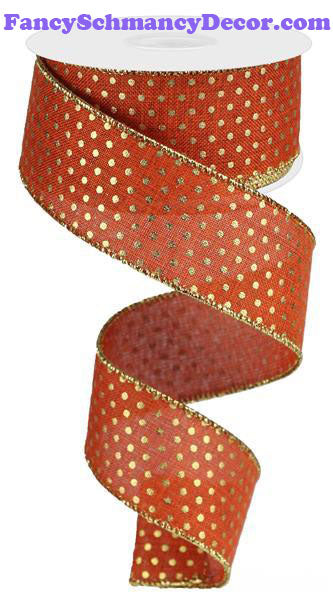 1.5" X 10 yd Rust Gold Swiss Dots Wired Ribbon