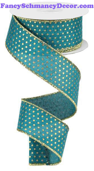 1.5" X 10 yd Teal Gold Swiss Dots Wired Ribbon