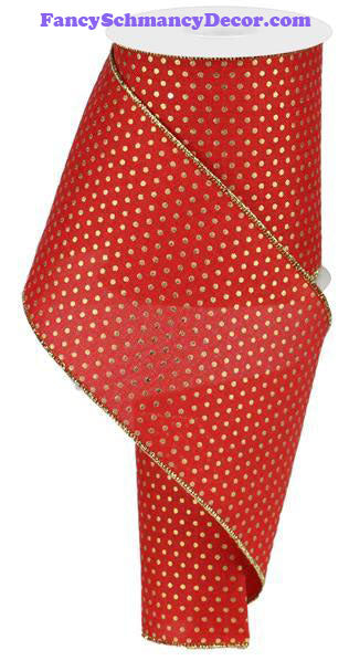 4" X 10 yd Royal Red Gold Swiss Dots Wired Ribbon