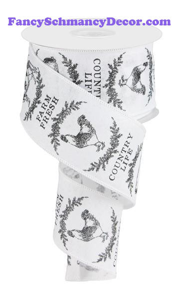 2.5" X 10 yd Farmhouse Animals White Black Wired Ribbon