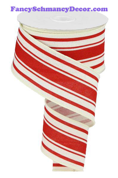 2.5" X 10 yd Farmhouse Stripe Ivory Red On Cotton Wired Ribbon