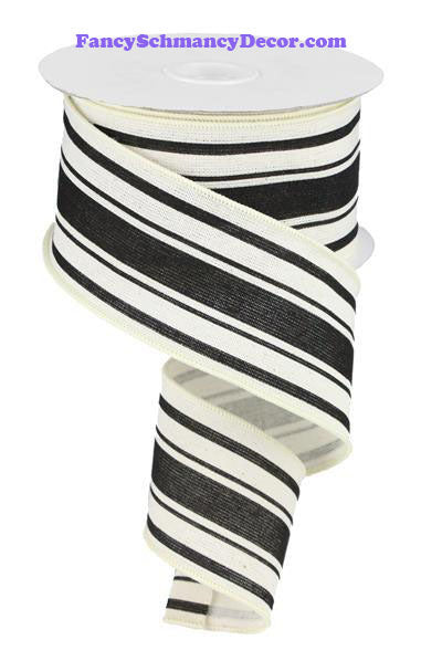 2.5" X 10 yd Farmhouse Stripe On Cotton Ivory Black Wired Ribbon