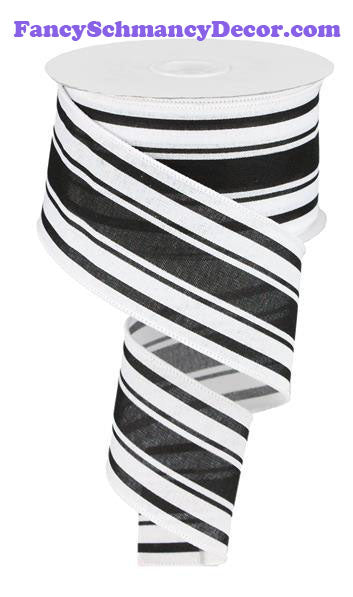 2.5" X 10 yd Farmhouse Stripe Black White On Royal Wired Ribbon
