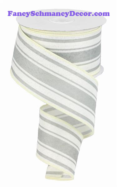 2.5" X 10 yd Farmhouse Ivory Cool Grey Stripe On Royal Ribbon