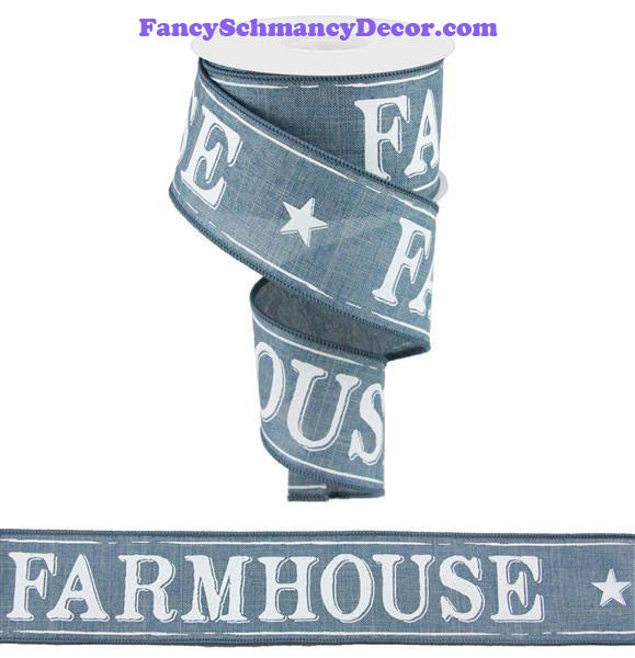 2.5" X 10 yd Farmhouse Faded Denim White On Royal Wired Ribbon