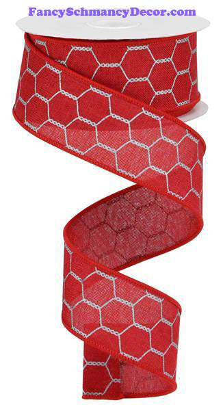 1.5" X 10 yd Cranberry Silver Grey Chicken Wire Ribbon