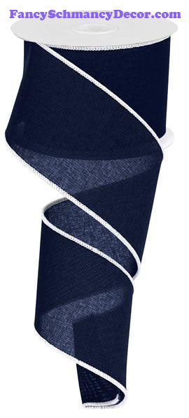 2.5" X 10 yd Royal Burlap Navy Blue White Wired Ribbon