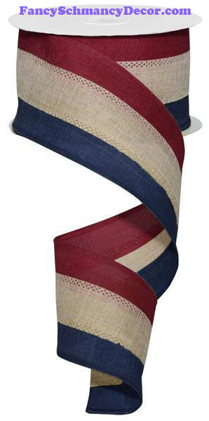 2.5" X 10 yd 3 Color 3 In 1 Royal Burlap Burgundy Beige Navy Wired Ribbon