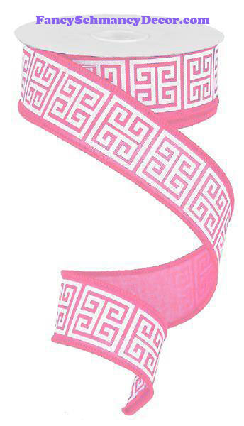 1.5" X 10 yd Greek Keys Pink White Royal Wired Ribbon