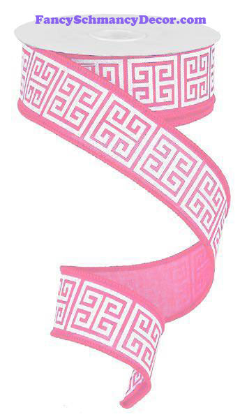 1.5" X 10 yd Greek Keys Pink White Royal Wired Ribbon