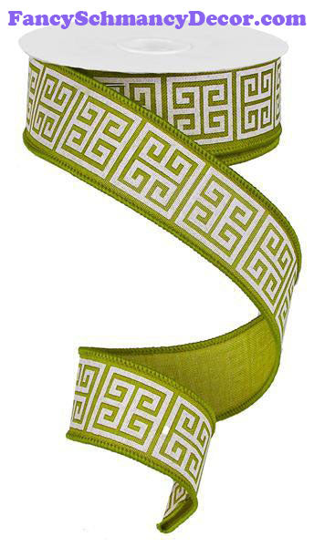 1.5" X 10 yd Greek Keys Moss Green Ivory Royal Ribbon