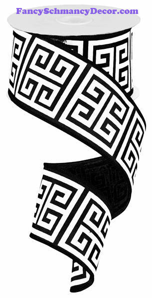 2.5" X 10 yd Greek Keys Black White Wired Ribbon