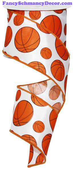 2.5" X 10 yd Basketball White Orange Black Wired Ribbon