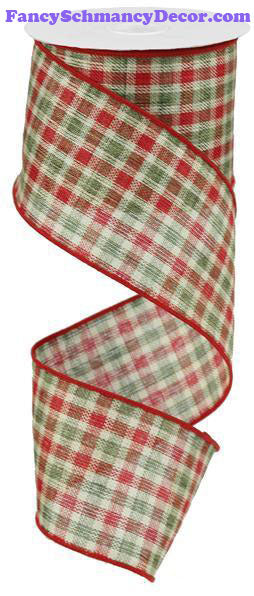 2.5" X10  yd Royal Burlap Red Lime Green Cream Check Wired Ribbon