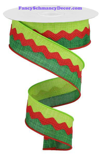 1.5" X 10 yd 2-In-1 Emerald Lime Red Ricrac On Royal Burlap Wired Ribbon