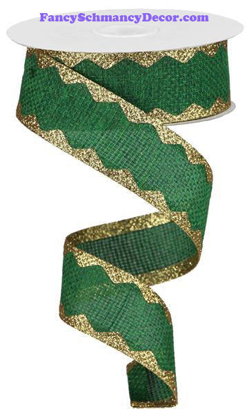 1.5" X 10 yd Cross Royal/Ric Rac Emerald Green Gold Wired Ribbon