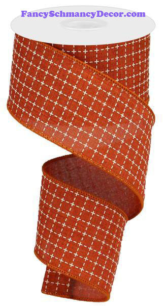2.5"X 10 yd Raised Stitched Squares/Royal Rust Cream Wired Ribbon